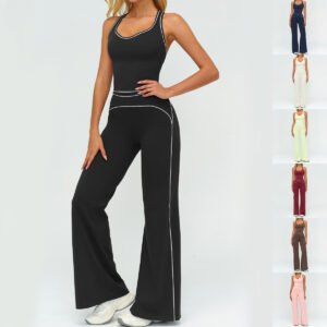 Womens Yoga Set V-neck Sleeveless Tops And Slim Straight Pants Summer Gym Sports Clothing