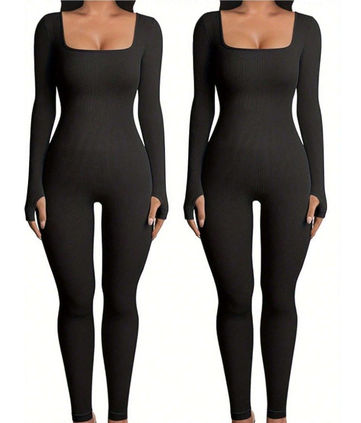 Women's Yoga Sports Fitness Jumpsuit Workout Long Sleeve Square Collar Clothing - Image 6