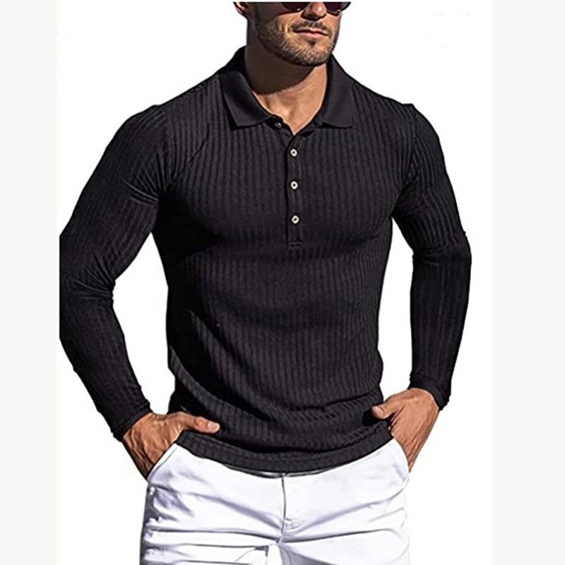Men's Running Sports Fitness High Stretch Striped Long Sleeve POLO Shirt - Image 4