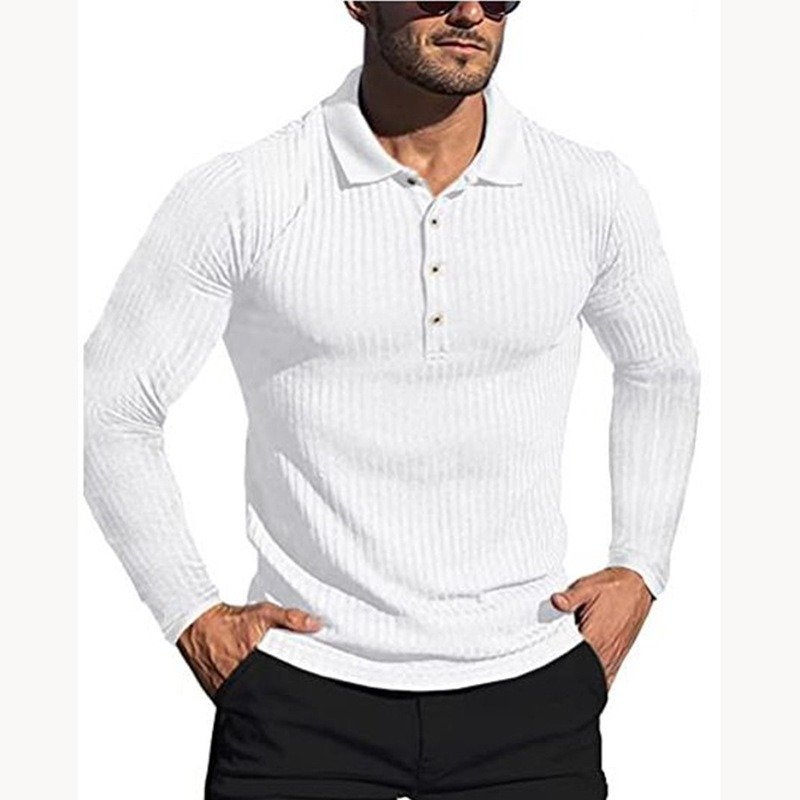 Men's Running Sports Fitness High Stretch Striped Long Sleeve POLO Shirt - Image 2
