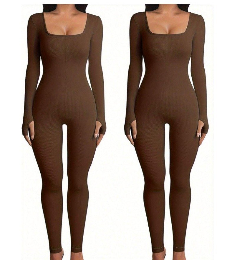 Women's Yoga Sports Fitness Jumpsuit Workout Long Sleeve Square Collar Clothing - Image 9