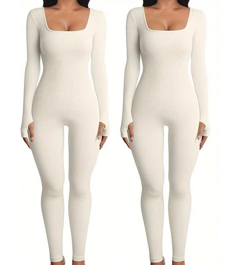 Women's Yoga Sports Fitness Jumpsuit Workout Long Sleeve Square Collar Clothing - Image 5