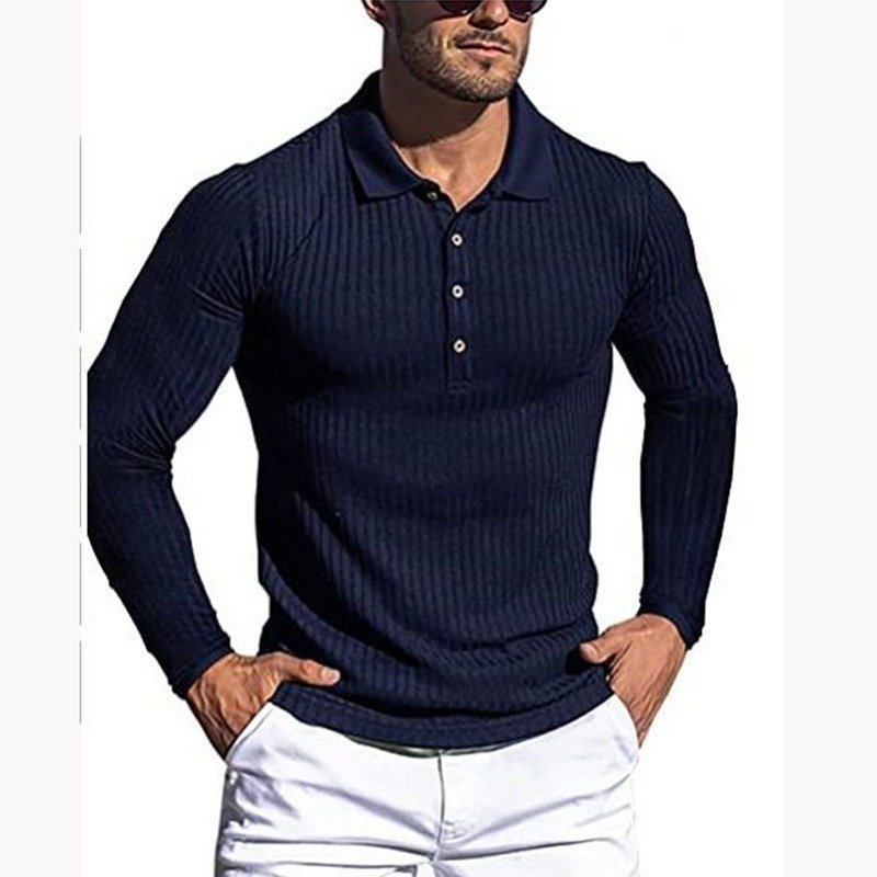 Men's Running Sports Fitness High Stretch Striped Long Sleeve POLO Shirt - Image 9