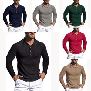 Men's Running Sports Fitness High Stretch Striped Long Sleeve POLO Shirt