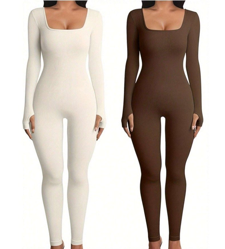 Women's Yoga Sports Fitness Jumpsuit Workout Long Sleeve Square Collar Clothing - Image 4