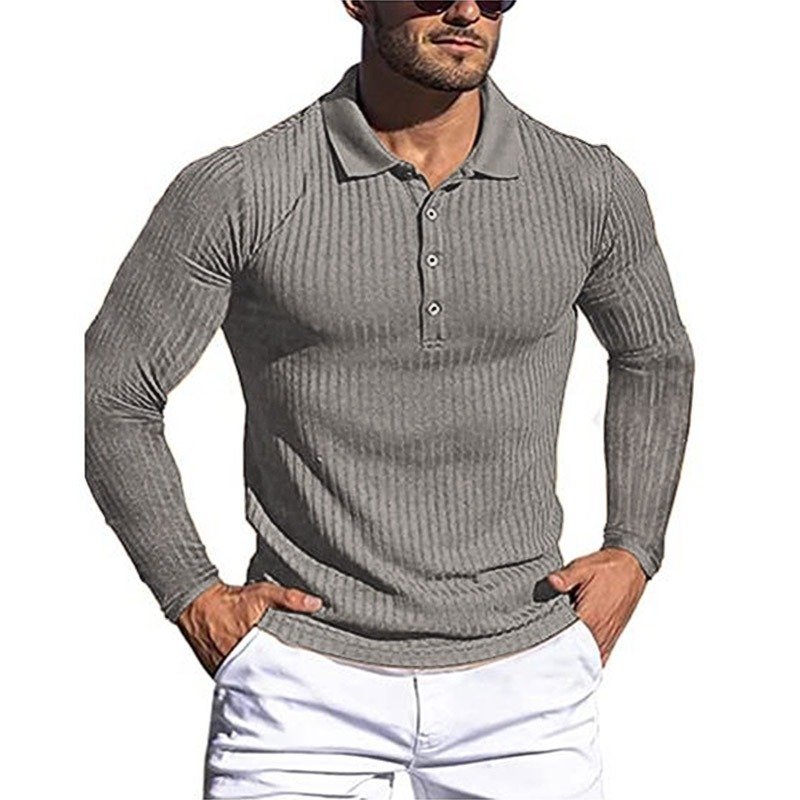 Men's Running Sports Fitness High Stretch Striped Long Sleeve POLO Shirt - Image 3